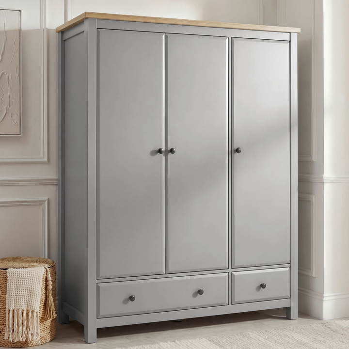 [Grey] Haven wardrobe front left angle showing three panel doors with round knobs and oak veneer top