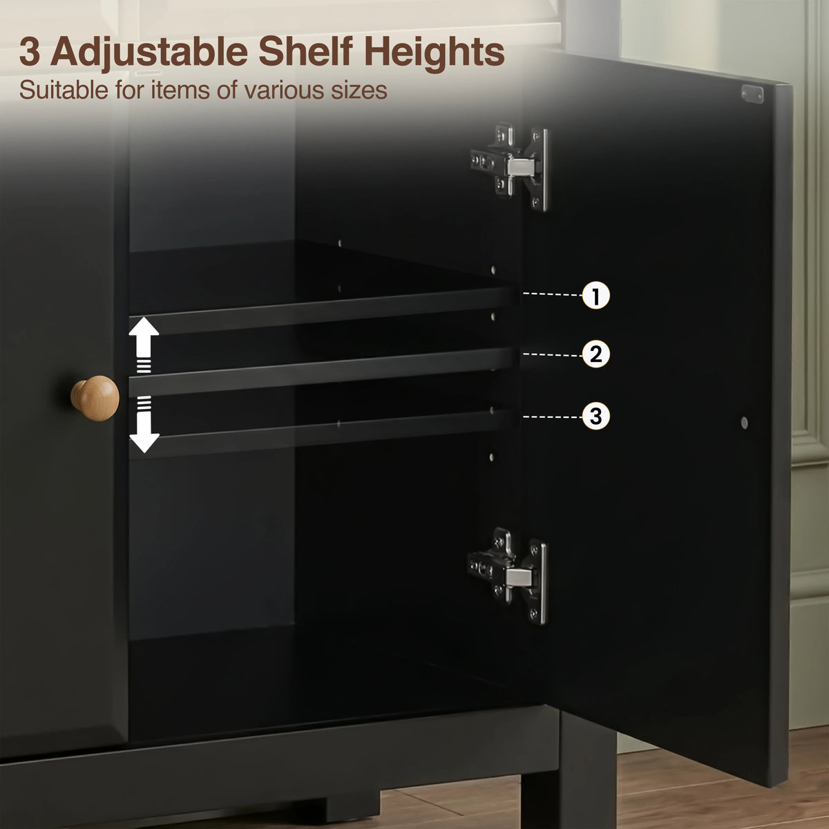 [Black] Haven sideboard interior infographic labelling 3 adjustable shelf heights inside the cupboard