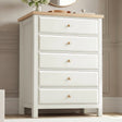 [White] Haven 5 drawer tall chest front view with decorative tray and small objects arranged on oak veneer top