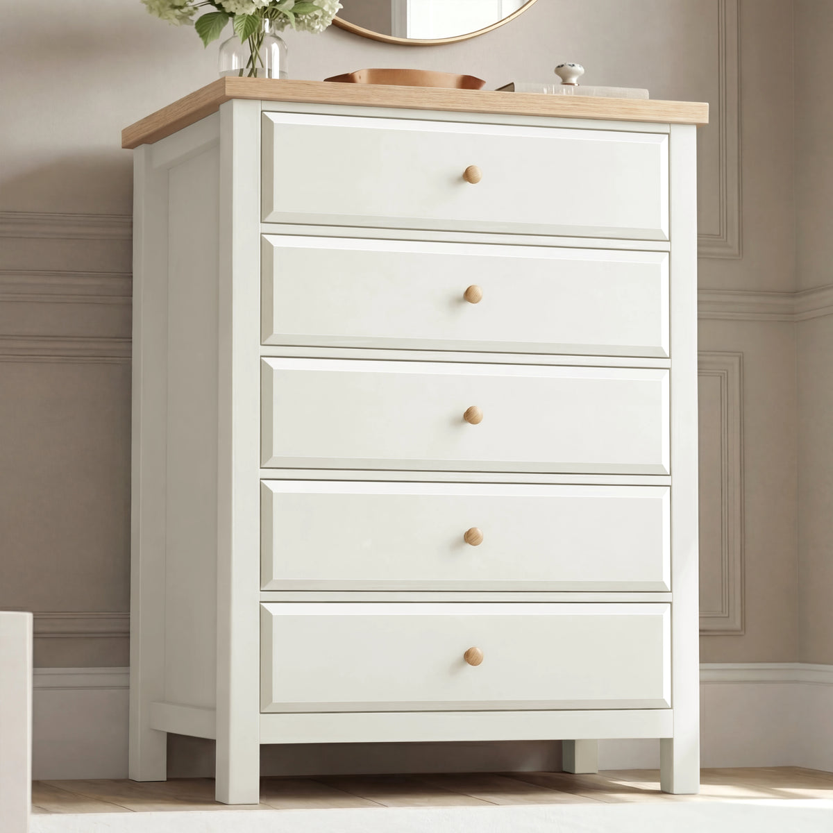 [White] Haven 5 drawer tall chest front view with decorative tray and small objects arranged on oak veneer top