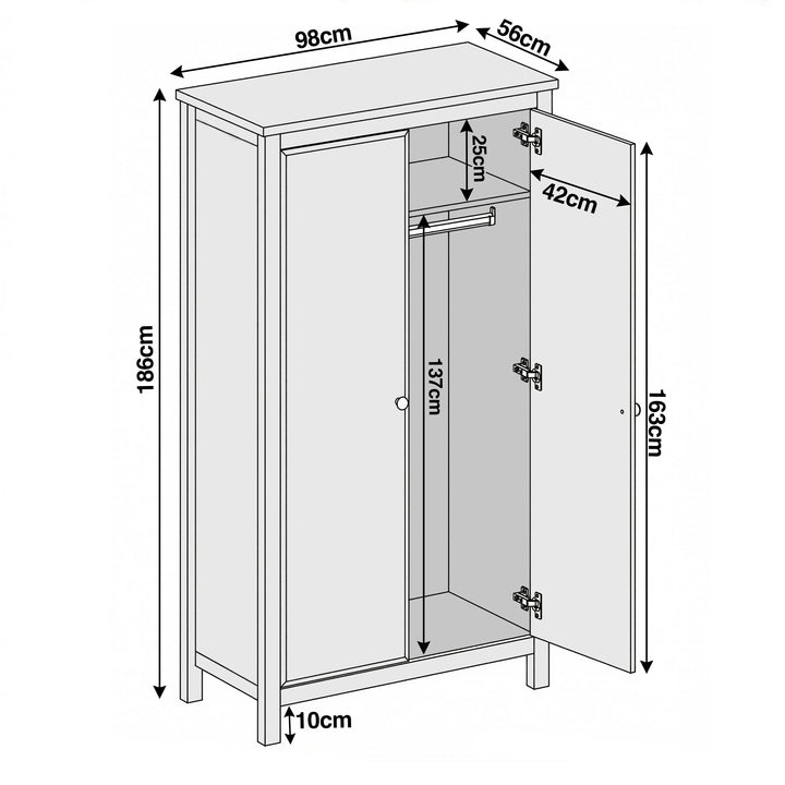 [White] Haven 2 door wardrobe dimension diagram, 98 cm wide, 56 cm deep, 186 cm tall with 163 cm internal height