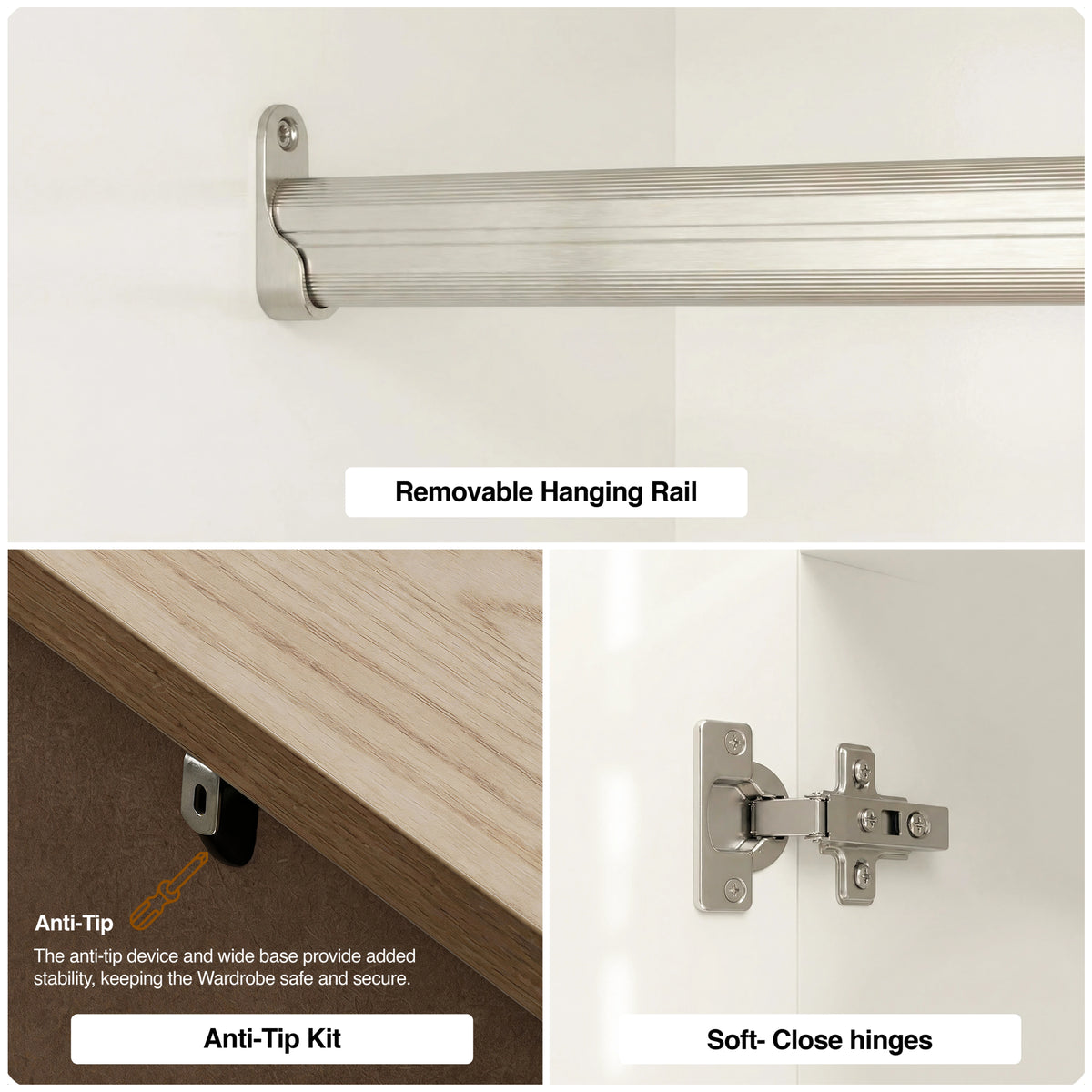 [White] Haven wardrobe hardware panels showing the metal hanging rod, anti tip safety bracket and smooth close hinge