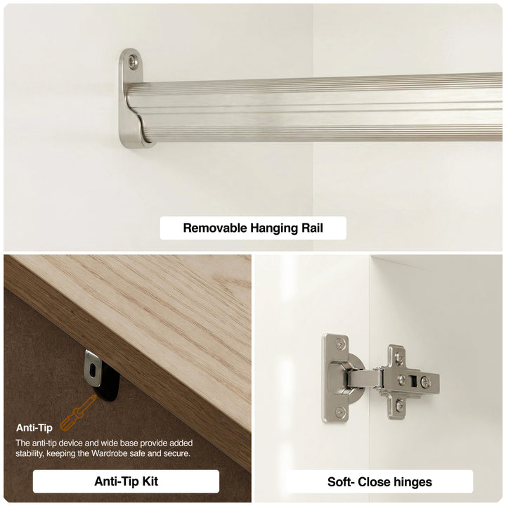 [White] Haven wardrobe hardware panels showing the metal hanging rod, anti tip safety bracket and smooth close hinge