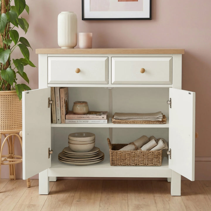 [White] Haven 80cm sideboard with both doors open showing internal shelf and storage space