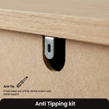 [White] Haven 3-drawer chest detail showing anti-tip wall safety bracket and oak veneer top edge close-up
