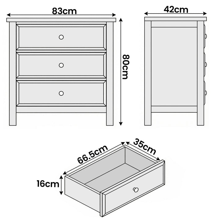 [White] Haven 3-drawer chest dimensions diagram showing W83cm x D42cm x H80cm with top-view depth measurements