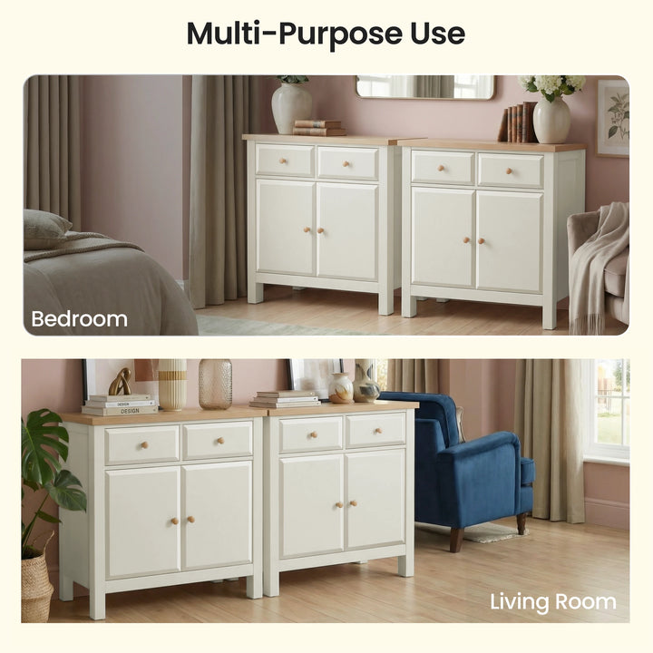 [White] dresser shown in a bedroom and living room setting with text Multi-Purpose Use.
