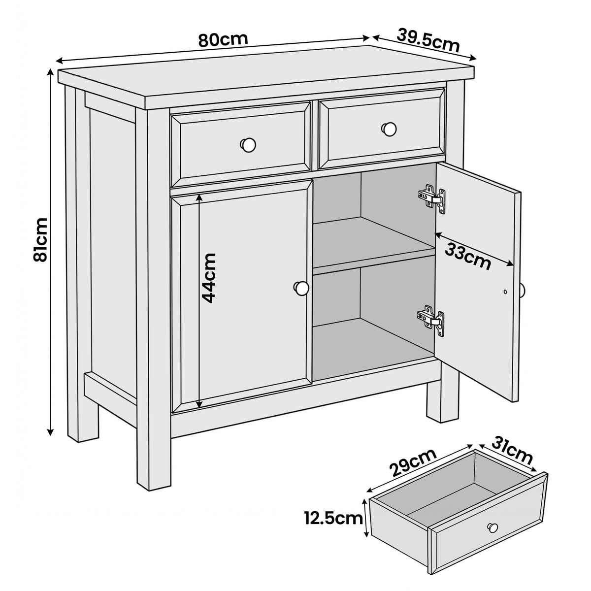 [White] Haven 80cm sideboard dimensions diagram showing 80cm width, 39.5cm depth and 81cm height