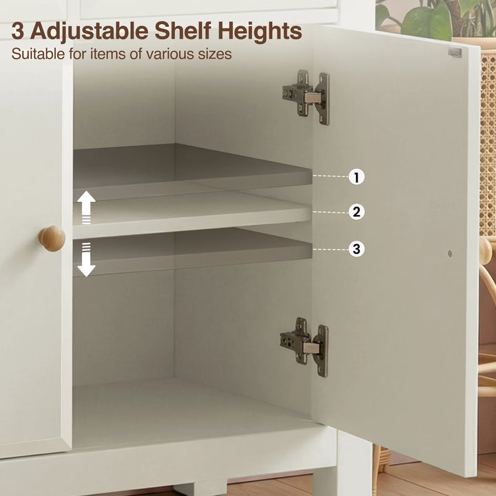 [White] 2 door sideboard cabinet with adjustable shelves labeled, suitable for various item sizes
