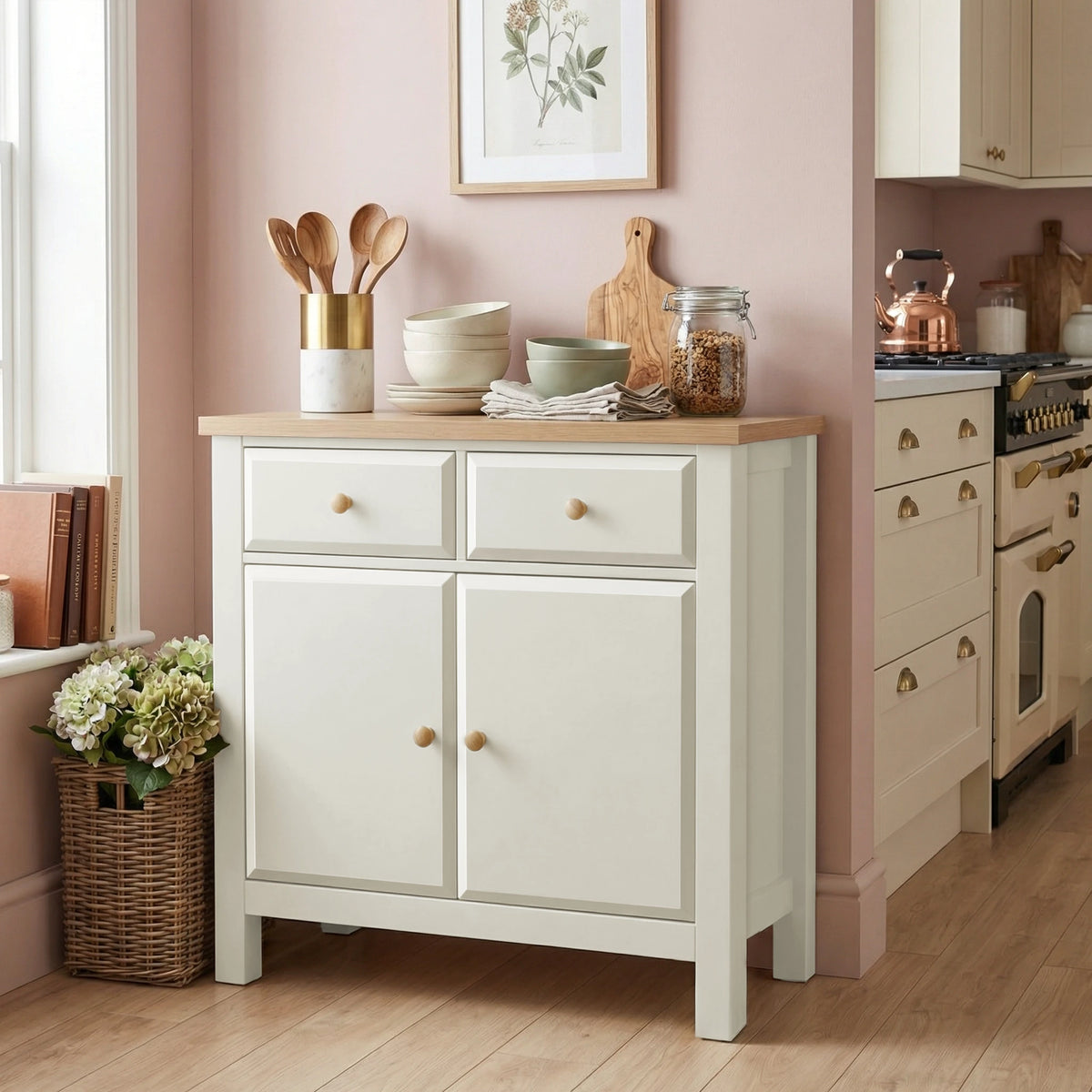 [White] Kitchen with a white cabinet, wooden countertop, and pink walls