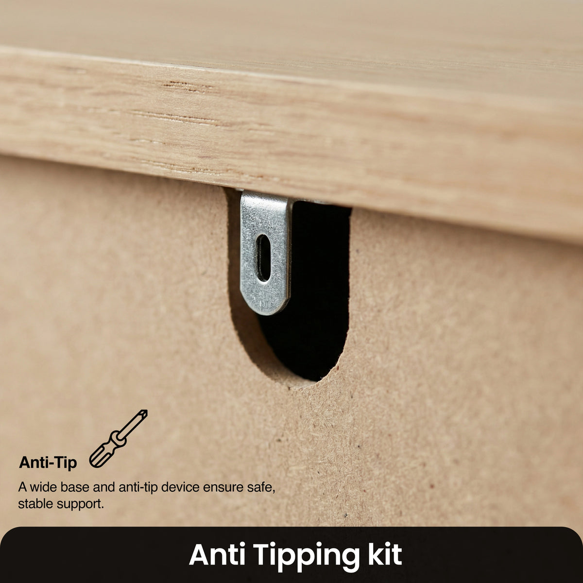 [White] Haven 5-drawer tall chest detail showing anti-tip wall safety bracket and oak veneer top edge close-up