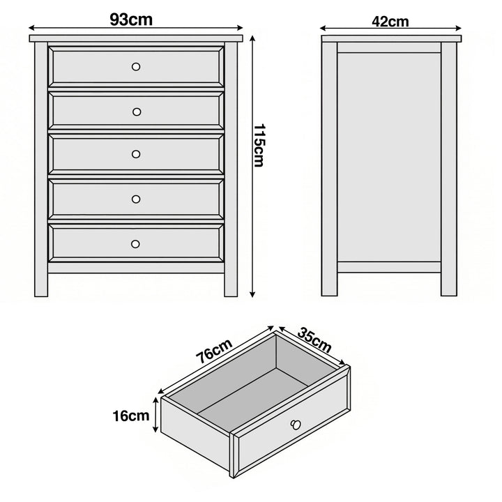 [White] Haven 5-drawer tall chest dimensions diagram showing W93cm x D42cm x H115cm with drawer depth measurements