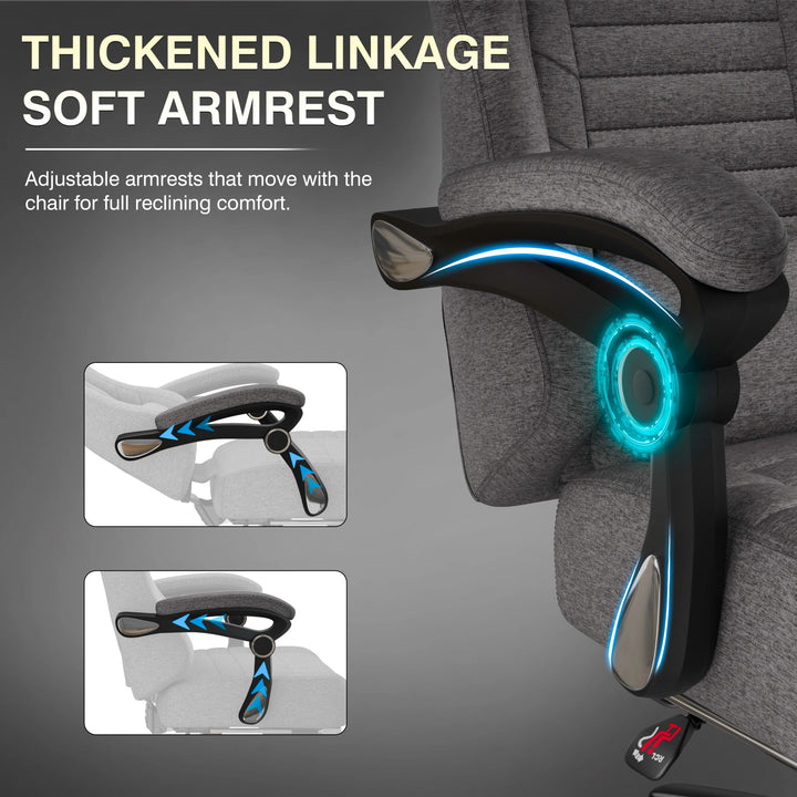 [Grey] Chair armrest with thick linkage and soft finish, adjustable for reclining comfort.