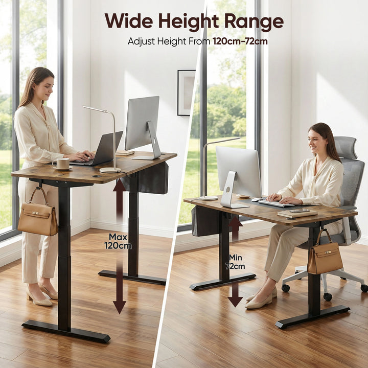 [110cm x 60cm] Two-position view of the rustic standing desk showing the 72cm to 120cm adjustable range with two users