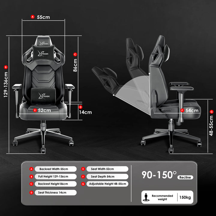 [Black] Xstriker Gaming Chair with ergonomic racing design, 4D armrests, 90-150° recline, and adjustable height for optimal comfort and support.
