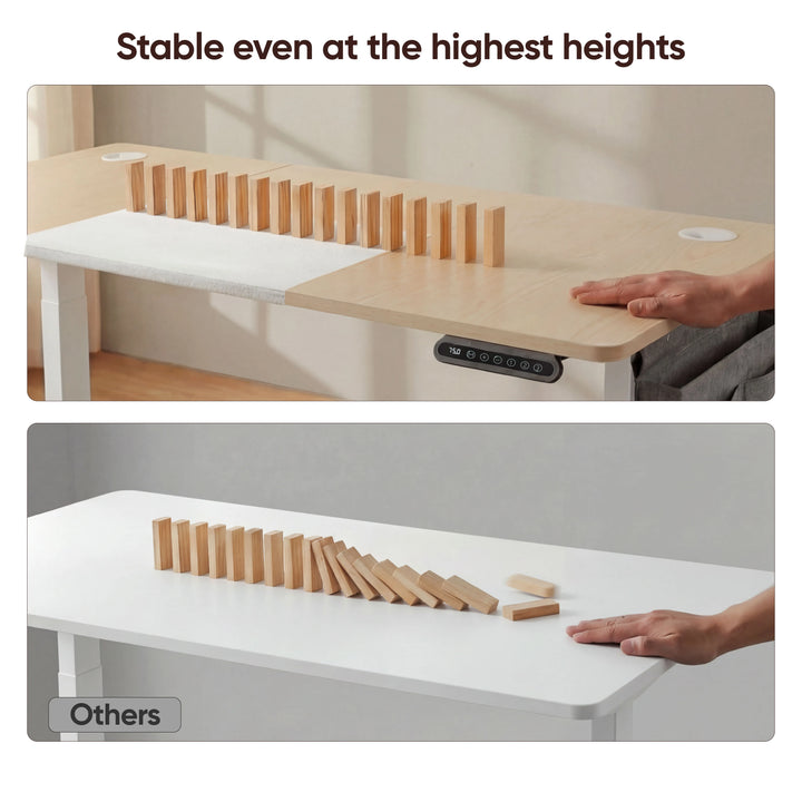 [160cm x 70cm] stability test 160cm pine standing desk holds upright dominoes at full height while competitor desk topples