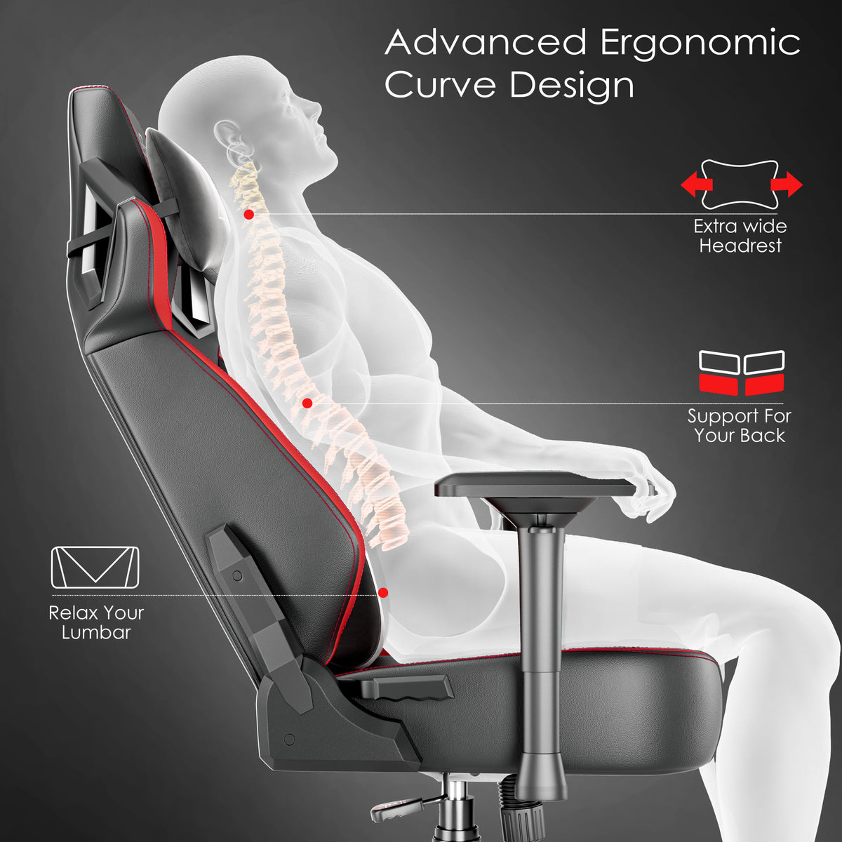 [Black + Red] Xstriker Gaming Chair with ergonomic racing design, 4D armrest, lumbar support, and extra wide headrest for back comfort. Ideal for long gaming sessions.