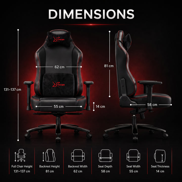 [Black] Xstriker High-Back Ergonomic Gaming Chair detailing overall heights and seat width.