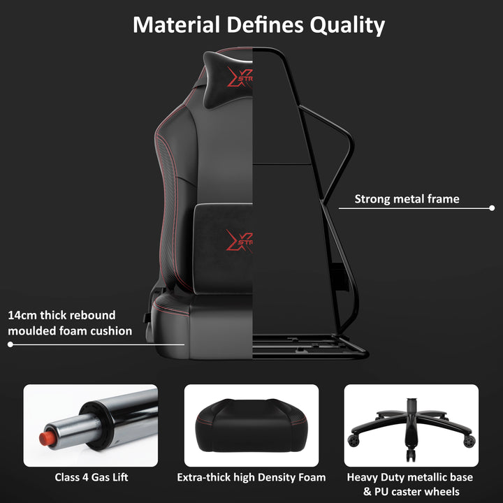 [Black] Infographic highlighting the three technological innovations and high density foam cushions of the gaming chair.