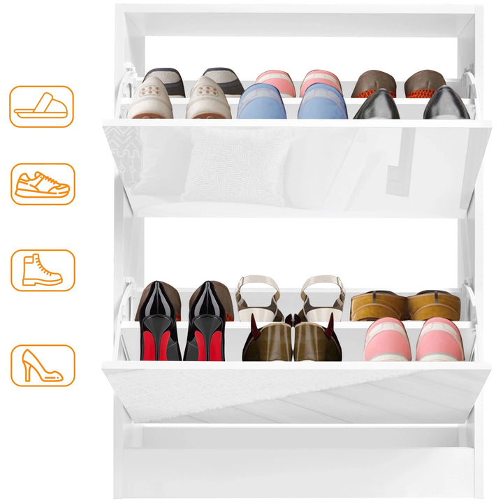 [White] high gloss white shoe cabinet shown with upper and lower compartments simultaneously open