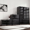[Black] high gloss 3 door wardrobe with 4 drawer chest and 2 drawer nightstand on cream rug, black finish