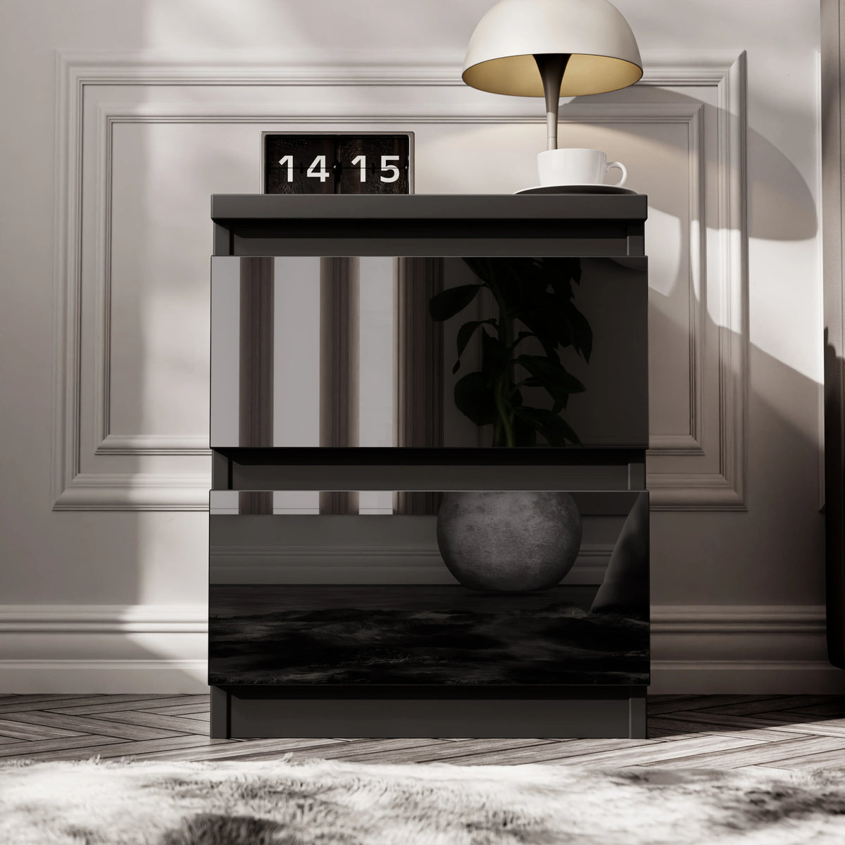 [Black] high gloss 2 drawer nightstand, 33 x 32 x 41cm, flip clock reading 14:15 and dome lamp on top