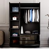 [Black] 3 door wardrobe interior in black, hanging rail with shirts on right and shoes lined on lower shelf