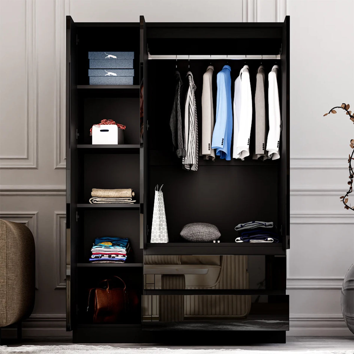 [Black] 3 door wardrobe interior in black, hanging rail with shirts on right and shoes lined on lower shelf