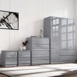 [Grey] grey gloss wardrobe, chest and nightstand lifestyle shot reflecting framed art on panel wall