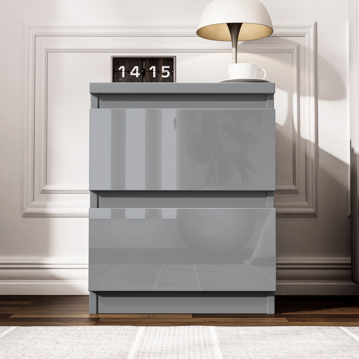 [Grey] grey 2 drawer bedside cabinet, reflective fronts, paired with lamp and clock as bedside scene