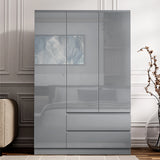 [Grey] high gloss 3 door wardrobe with 2 base drawers, 120 x 50 x 180cm, grey reflective fronts