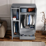 [Grey] high gloss 3 door wardrobe interior, left shelves with storage boxes, hanging rail with shirts
