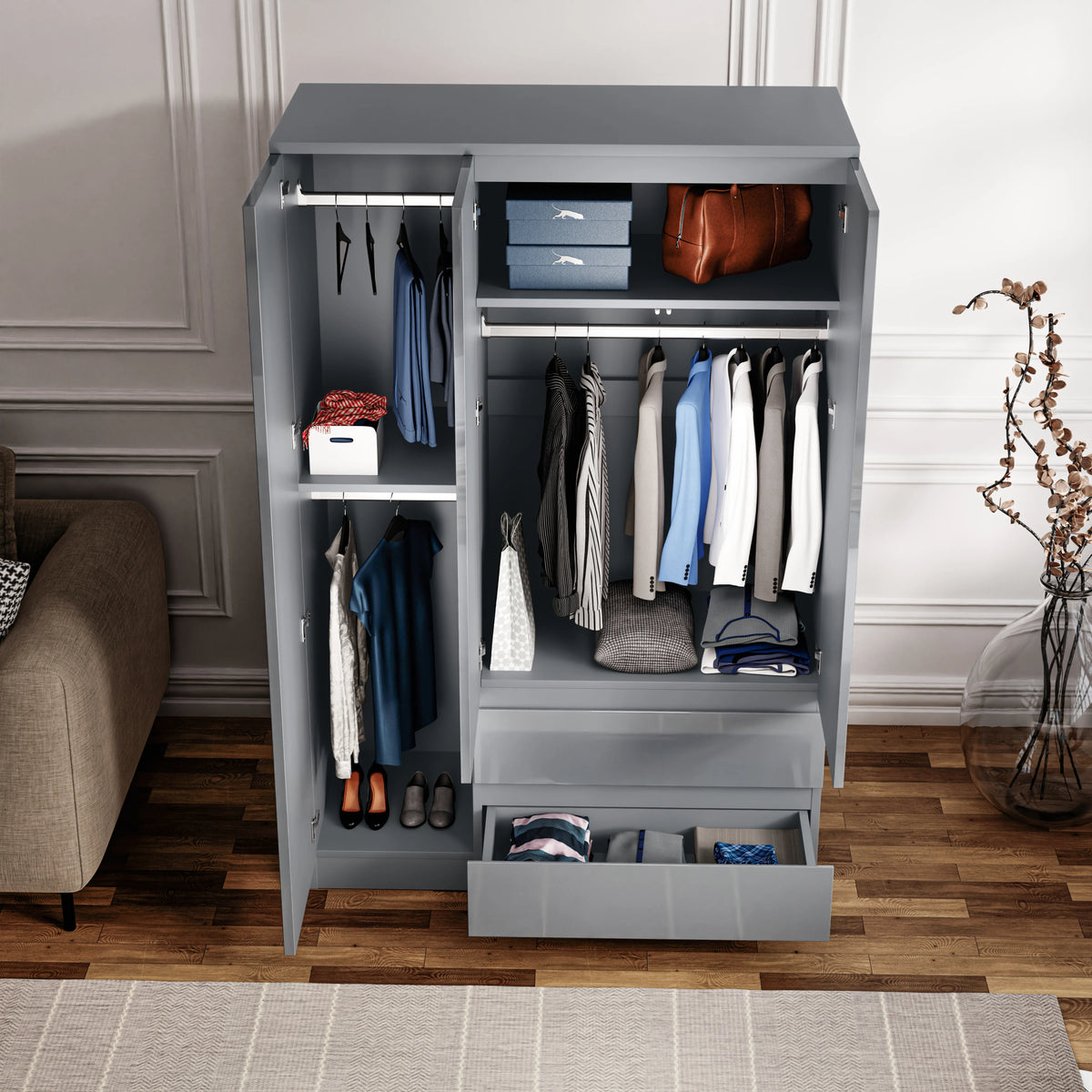 [Grey] high gloss 3 door wardrobe interior, left shelves with storage boxes, hanging rail with shirts