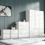 [White] high gloss 3 door wardrobe with 4 drawer chest and 2 drawer nightstand on shag rug, white finish