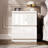 [White] high gloss 2 drawer nightstand, 33 x 32 x 41cm, flip clock reading 14:15 and dome lamp on top
