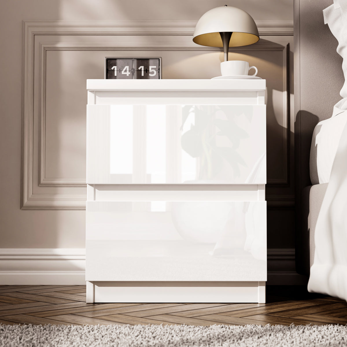 [White] high gloss 2 drawer nightstand, 33 x 32 x 41cm, flip clock reading 14:15 and dome lamp on top