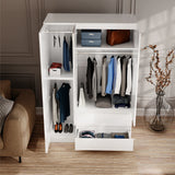 [White] white 3 door wardrobe open showing left shelf column, hanging clothes rail and drawer pulled open