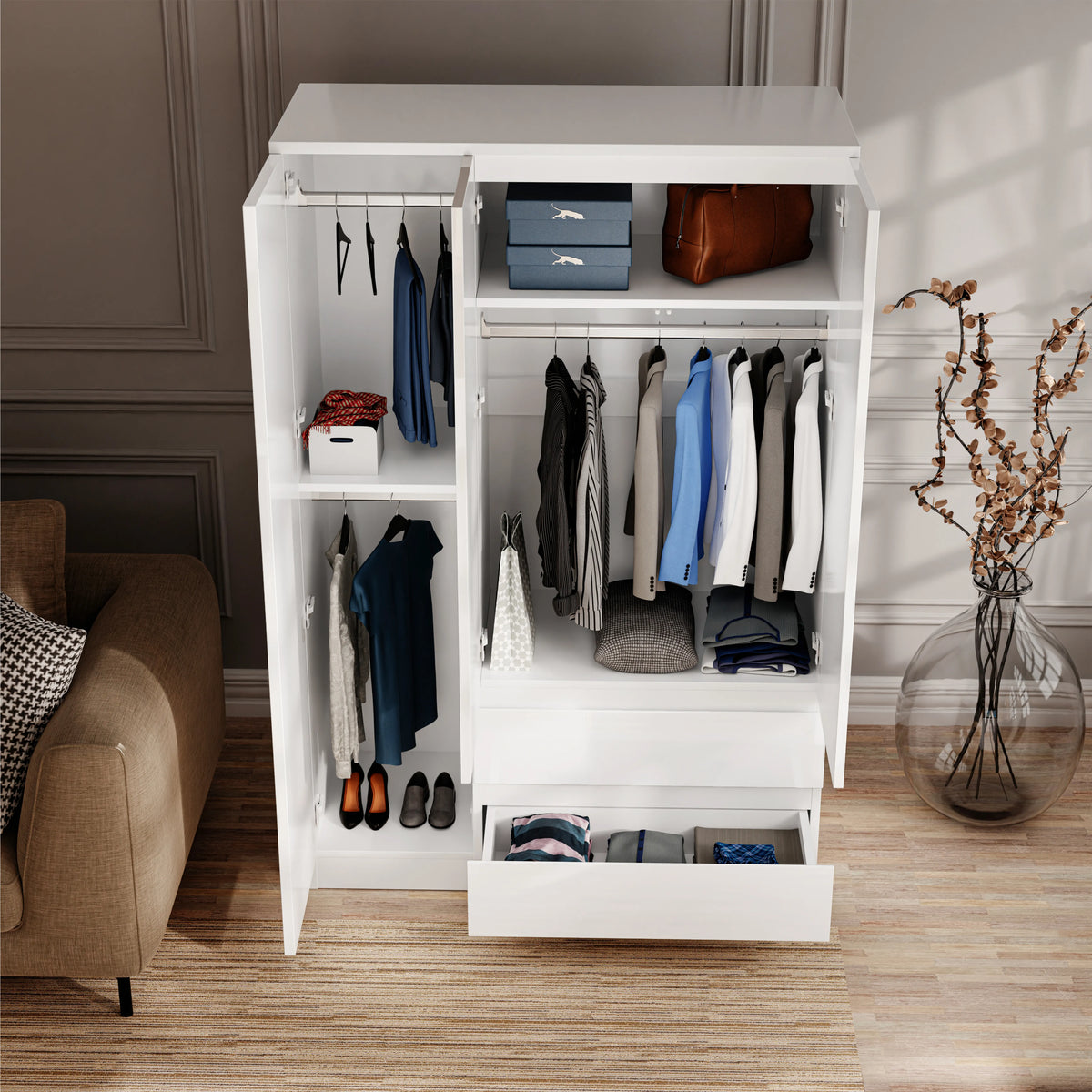 [White] white 3 door wardrobe open showing left shelf column, hanging clothes rail and drawer pulled open
