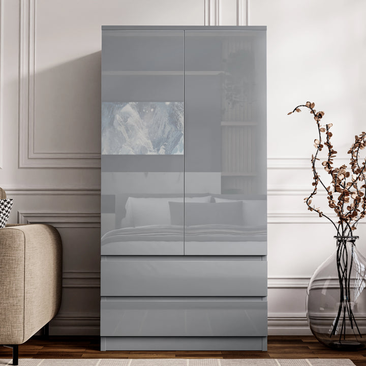 [Grey] high gloss 2 door wardrobe with 2 lower drawers reflecting a bed and panel artwork in the gloss fronts