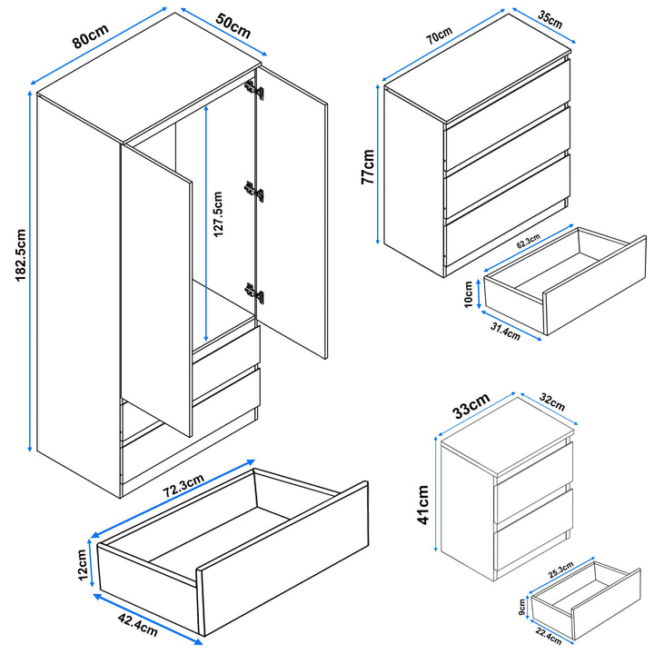 [White] high gloss 3 piece dimensions: wardrobe 80x50x182.5, chest 70x35x77, bedside 33x32x41 cm