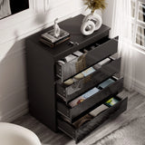 [Black] All four drawers open on the black High Gloss 4 Drawer Chest of Drawers, ring vase and books on the top.