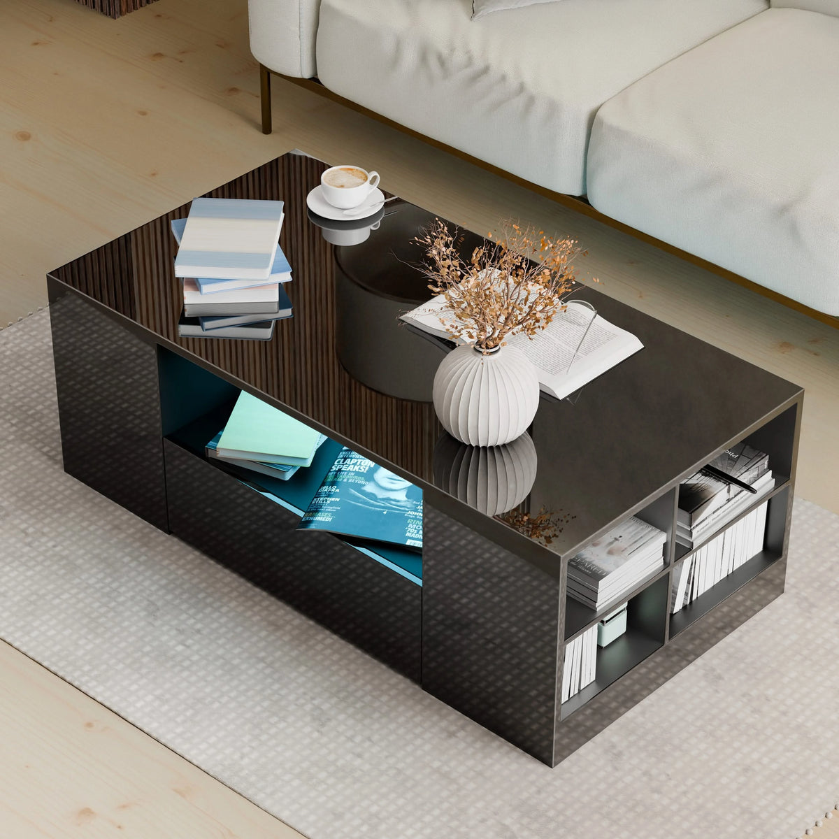 [Black] Black High Gloss Coffee Table with LED Lights with books, vase and bowl on top, blue LED side