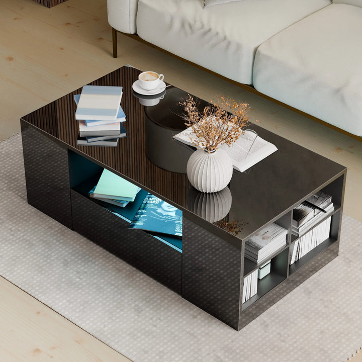 [Black] Black High Gloss Coffee Table with LED Lights with books, vase and bowl on top, blue LED side