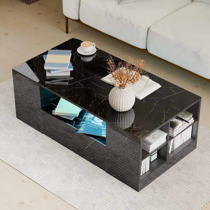 [Black Marble] Black Marble Coffee Table with LED Lights with books, vase and bowl styled on top, blue LED on
