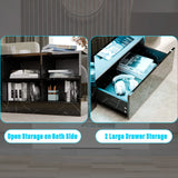 [Black Marble] Black marble coffee table corner view showing drawer fronts, open shelves and blue LED light