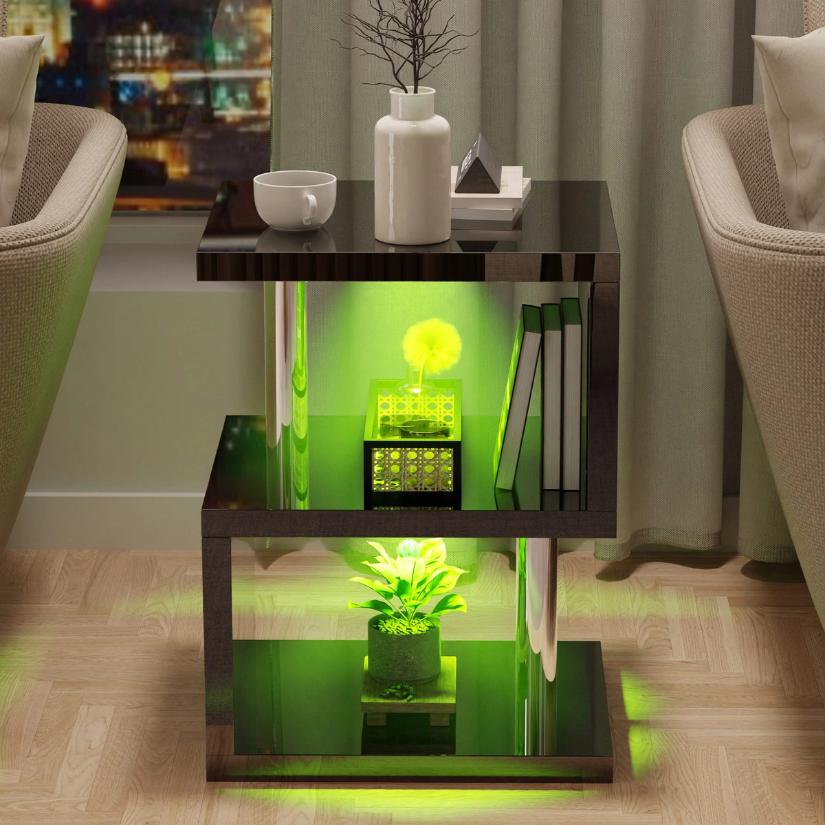 [Black] Black high gloss sofa side table between two cream armchairs with green LED glow on shelves at night