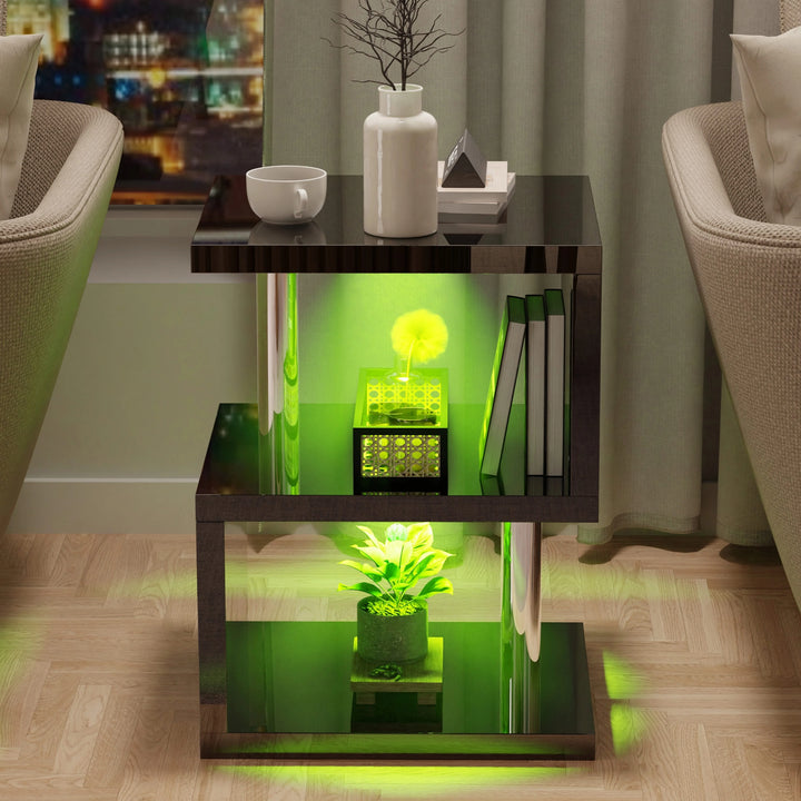 [Black] Black high gloss sofa side table between two cream armchairs with green LED glow on shelves at night