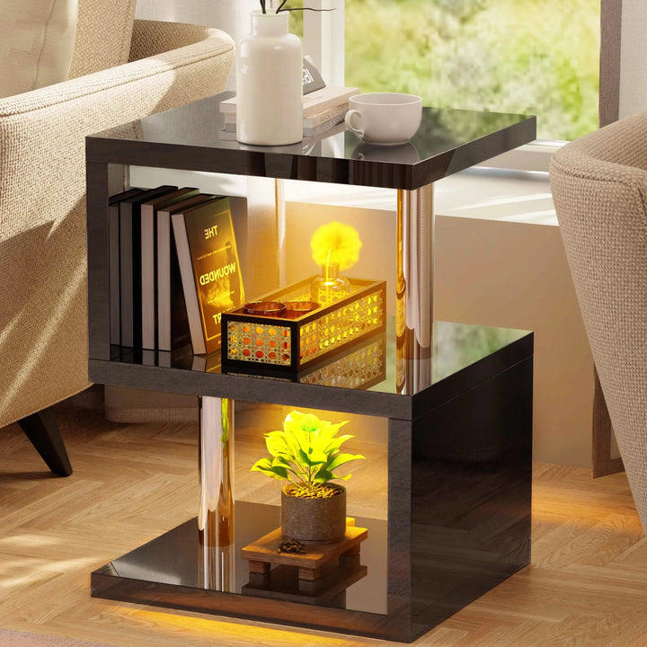 [Black] Black high gloss sofa side table with yellow LED glow, caged candle lamp on middle shelf and books beside