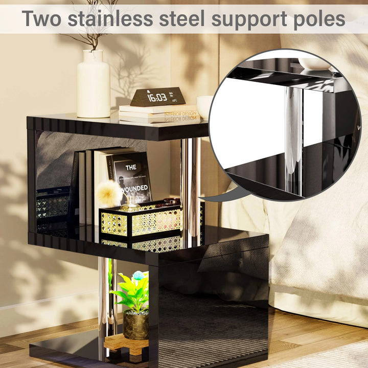 [Black] Black side table chrome pole detail with magnified circular inset showing pole join under top shelf