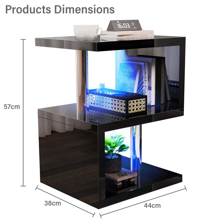[Black] Product dimensions of black high gloss LED side table: 57cm height, 44cm width, and 38cm depth for space-saving use.